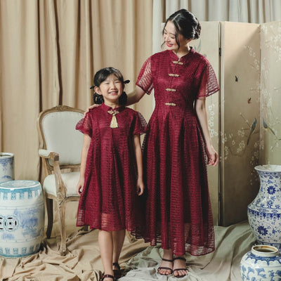 ⁠ZIEL KIDS - Leizu Dress | CNY 2026 | Terusan Cheongsam Qipao Lace Premium | Couple Mom & Girl