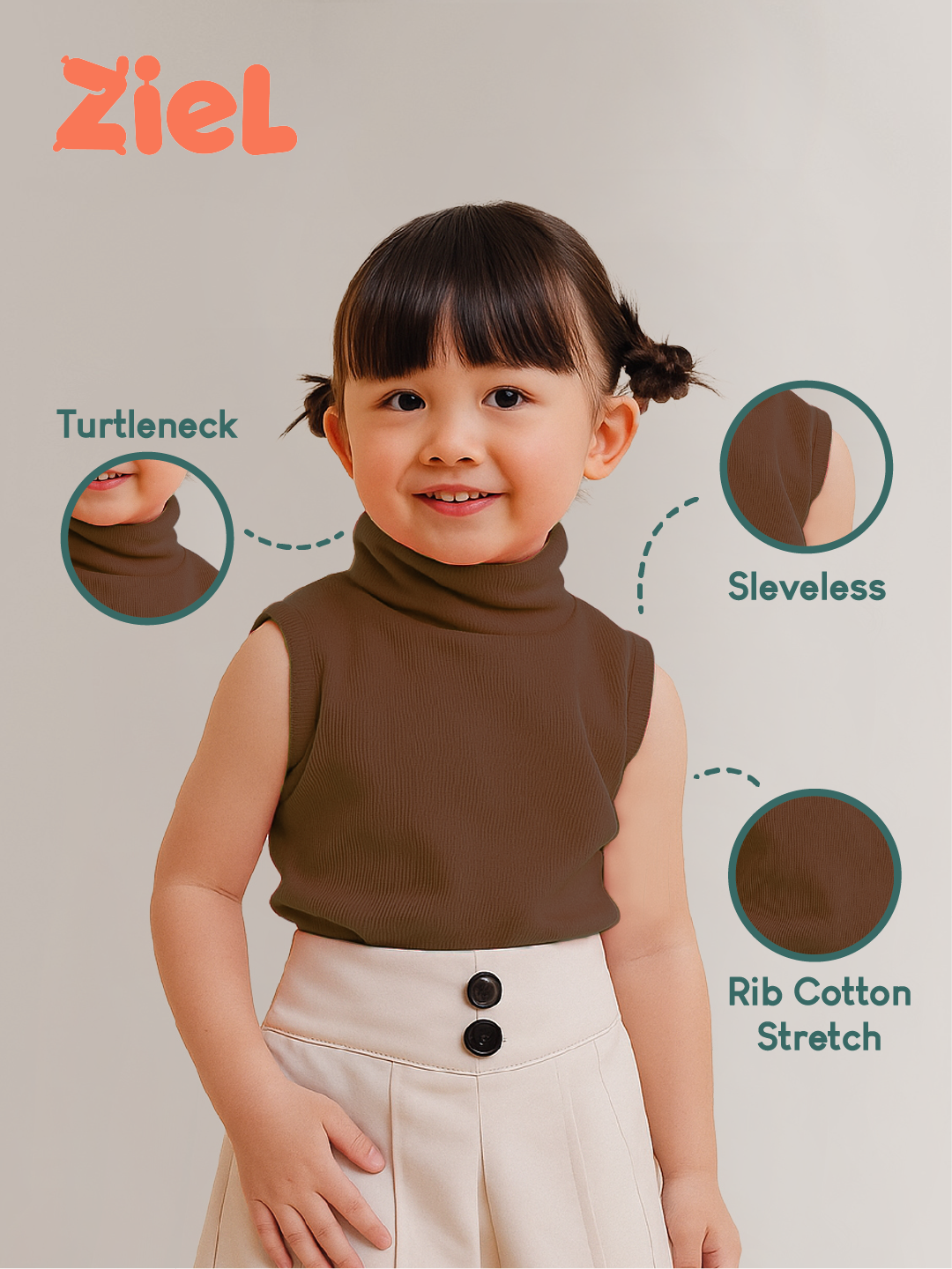 ZIEL KIDS Caca Top Baju Anak Perempuan Kaos Turtle Neck Rib Cotton Premium