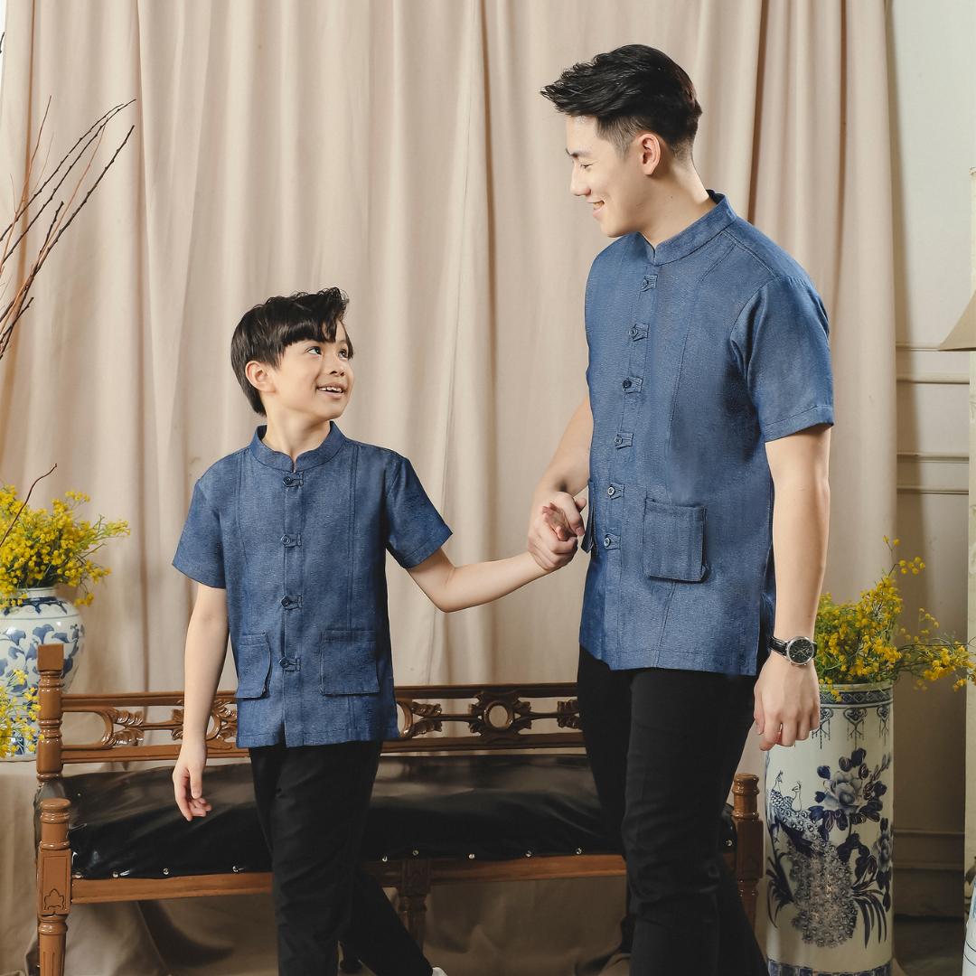 ⁠ZIEL KIDS - Han Cheongsam | CNY 2026 | Atasan Qipao Denim Cotton Premium | Couple Dad & Boy